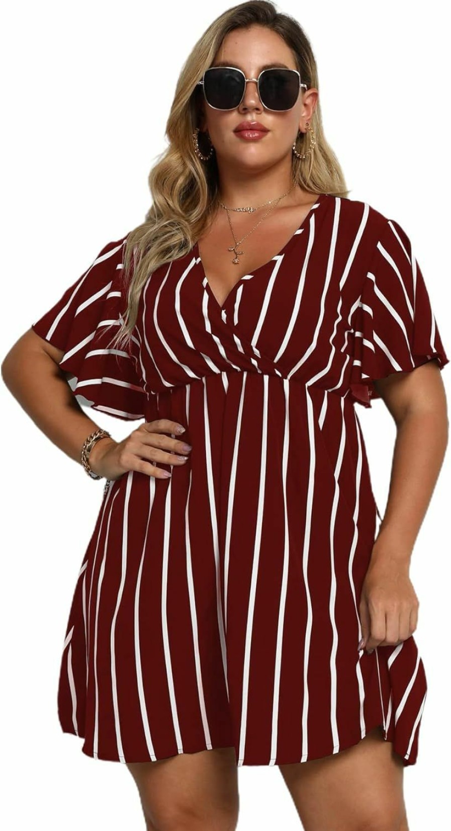 Wholesale Floerns Floerns Women'S Plus Size Striped Print Wrap V Neck Short Sleeve A Line Dress