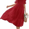 Clearance SYZRI Syzri Women'S Summer Square Neck Puff Sleeve Ruffle Midi Dress Boho Swiss Dot Tie Back Smocked Dress