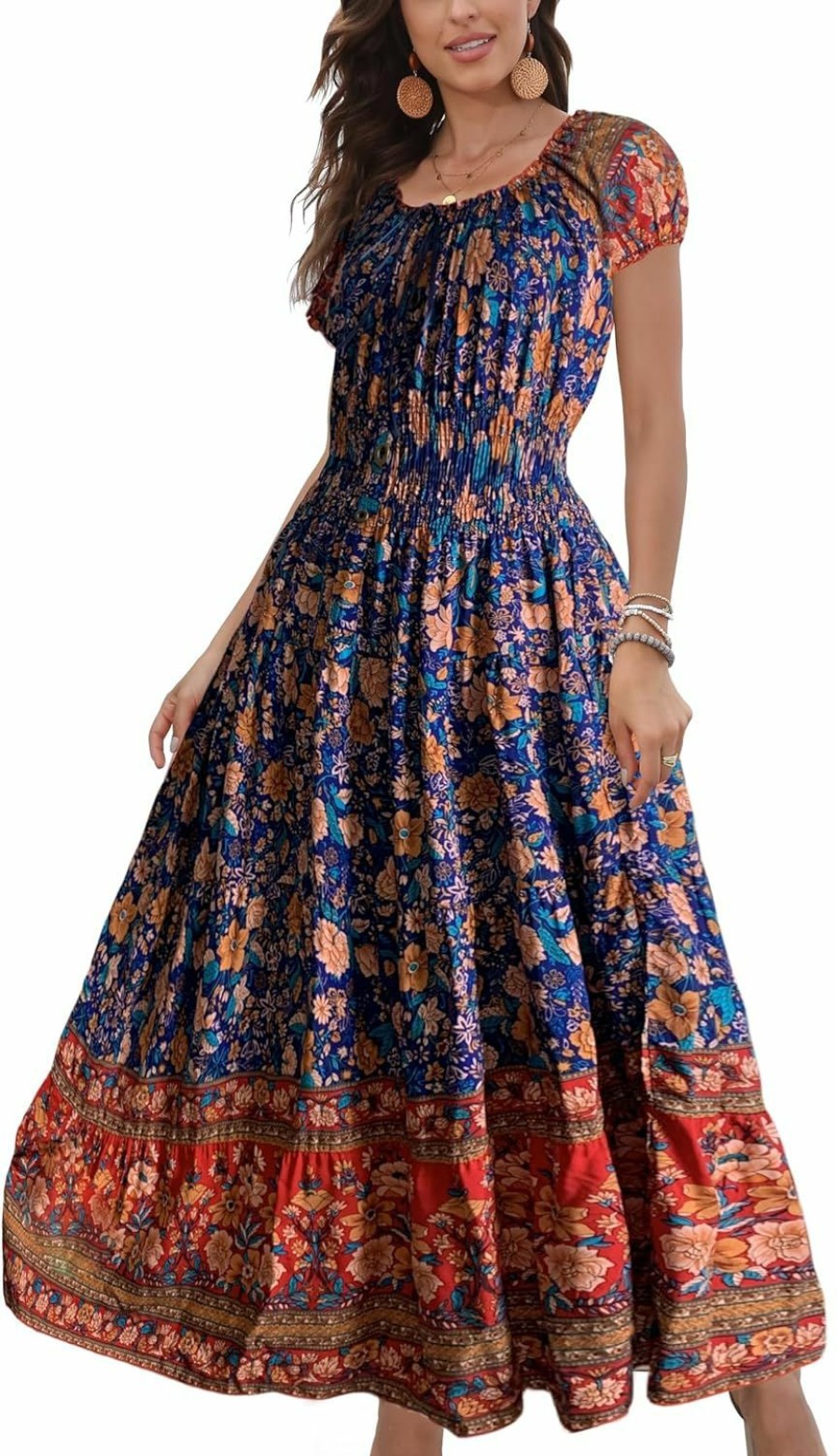 Wholesale OSTOO Ostoo Women'S 2024 Summer Short Sleeves Boho Floral Print Tiered Casual Flowy Long Maxi Dress