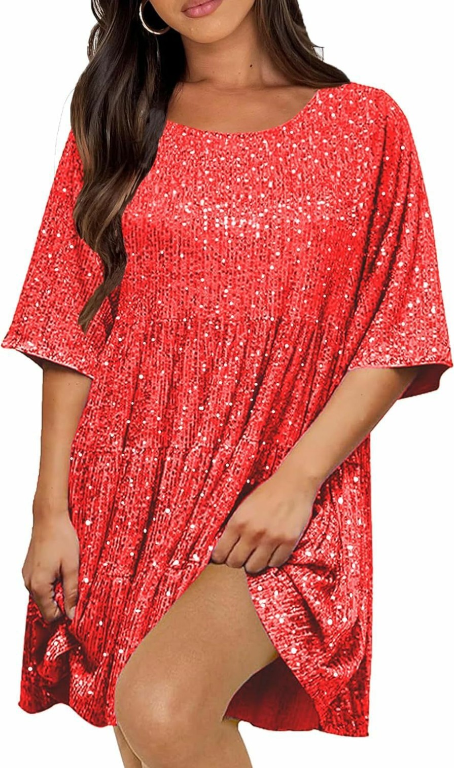 Wholesale HYLLGUD Women Sequin Dress Sparkly Giltter Round Neck Short Sleeve A-Line Loose Swing Tunic Dress Disco Party Concert