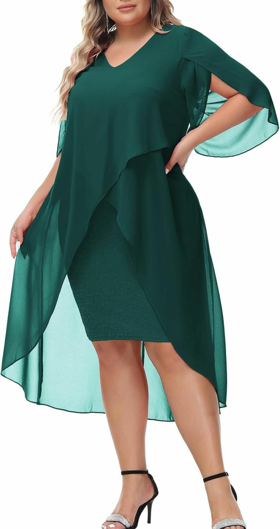 New Hanna Nikole Hanna Nikole Womens Plus Size Chiffon Cocktail Dress Ruffle 3/4 Sleeve Wedding Guest Party Dresses With High Low Hem