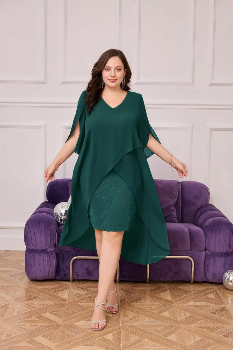 New Hanna Nikole Hanna Nikole Womens Plus Size Chiffon Cocktail Dress Ruffle 3/4 Sleeve Wedding Guest Party Dresses With High Low Hem