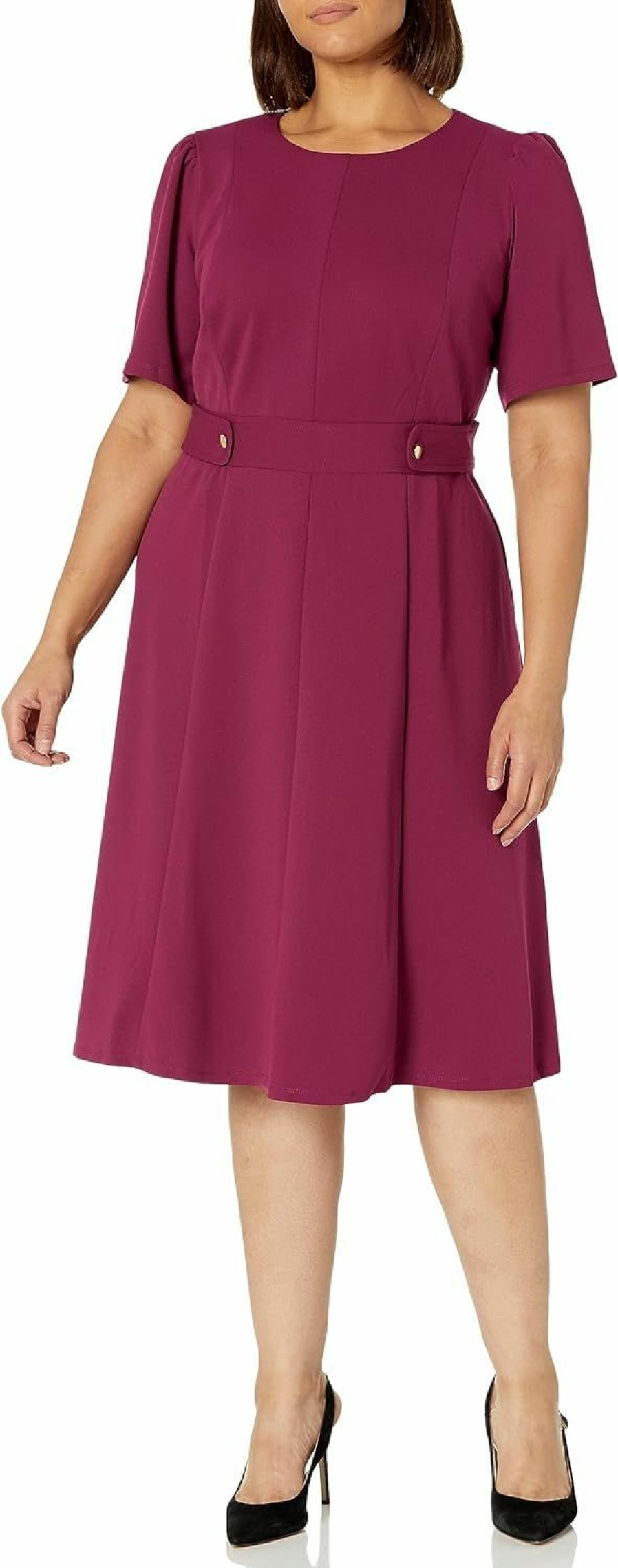 Best London Times London Times Women'S Short Sleeve Crepe Fit And Flare Midi With Waist Button Detail