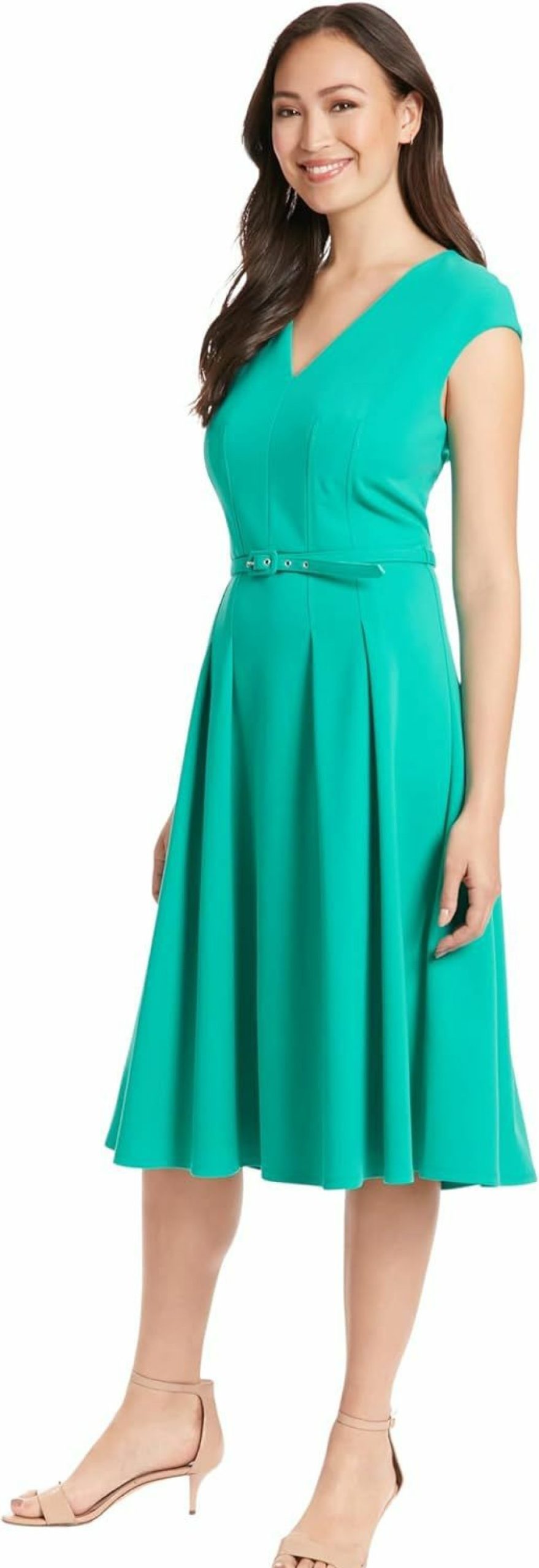 Wholesale London Times London Times V-Neck Knee Length Fit And Flare Belt | Business Casual Dress For Women