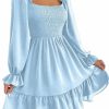 Hot Ekaliy Ekaliy Women'S Puff Sleeve Smocked Dress Square Neck A Line Swing Flowy Ruffle Hem Babydoll Mini Dress