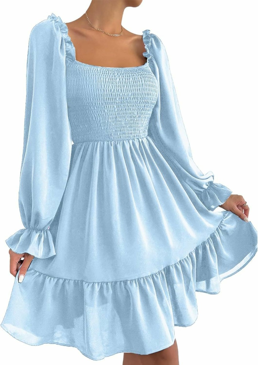 Hot Ekaliy Ekaliy Women'S Puff Sleeve Smocked Dress Square Neck A Line Swing Flowy Ruffle Hem Babydoll Mini Dress