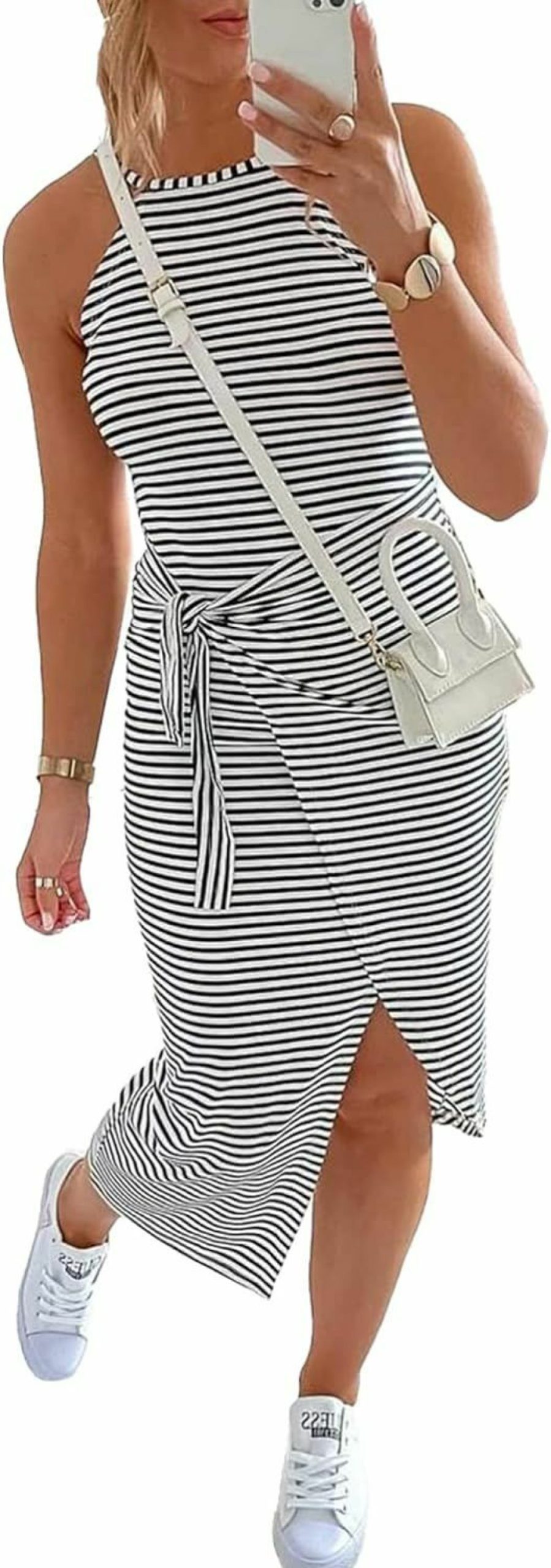 Wholesale NOLLSOM Nollsom Women Casual Sleeveless Striped Tank Midi Dresses Halter Neck Ruched Bodycon Dresses Tie Waist T Shirt Summer Dress