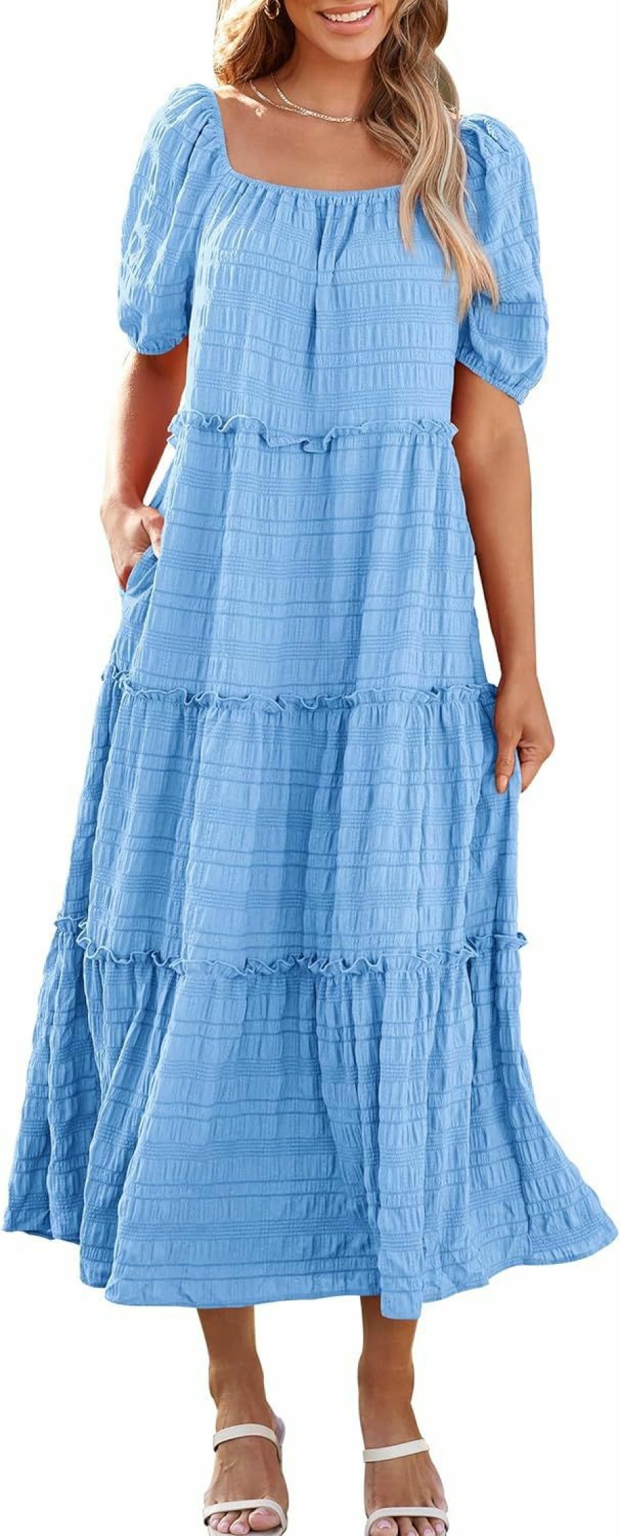 Clearance PRETTYGARDEN Prettygarden Women'S Summer Maxi Dress Short Sleeve Square Neck Ruffle Tiered Flowy Casual Boho Long Dresses With Pockets