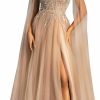 Best VIPGIRL Vipgilr Women'S Formal Off Shoulder Tulle Prom Maxi Dress With Halter Cape, Sequin Split Thigh Ball Gown