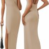 Hot Casly Lamiit Women'S Sexy Backless Maxi Dress High Neck Sleeveless Bodycon Dresses For Women Stretchy Side Slit Tank Dress