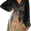 Wholesale RED DOT BOUTIQUE 828 - Plus Size Long Sleeves Wrapped V Neck Sequins Skater Style Cocktail Evening Club Dress