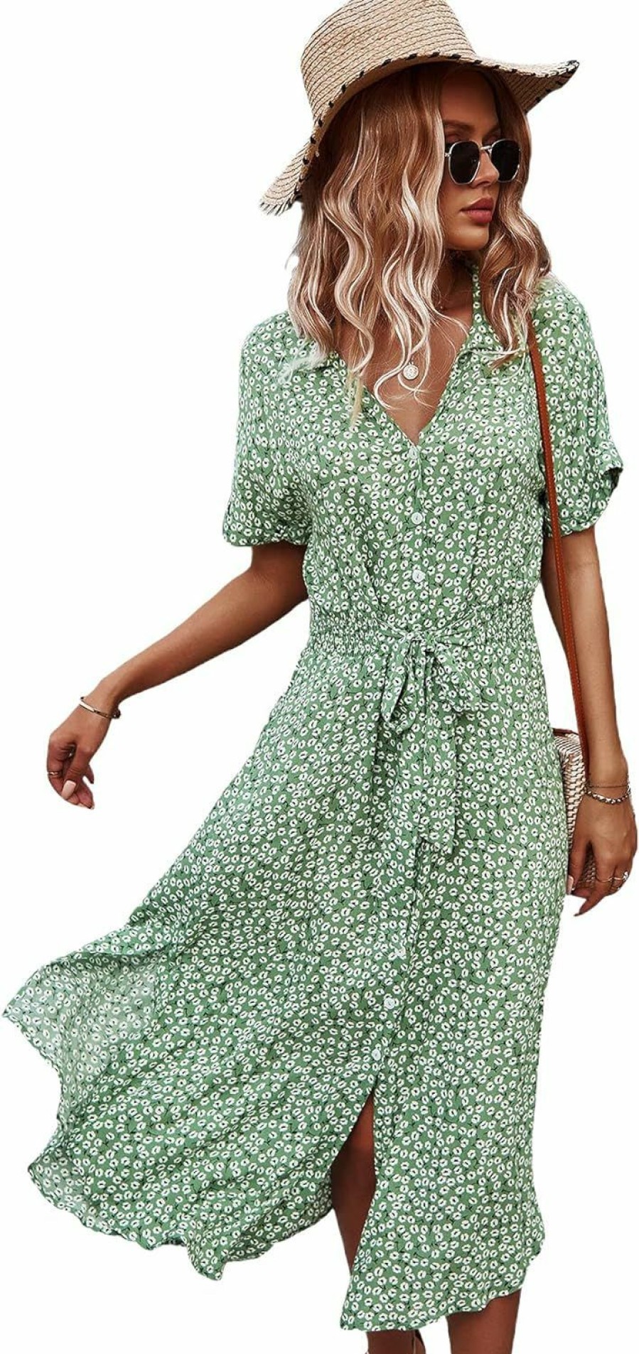 New SOLY HUX Soly Hux Womens Summer Dress Casual Ditsy Floral Tie Front Button Up Boho Midi Tshirt Dresses