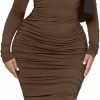 Hot Ekaliy Ekaliy Women'S Ruched Bodycon Midi Dress Sexy Mock Neck Long Sleeve Pencil Dresses