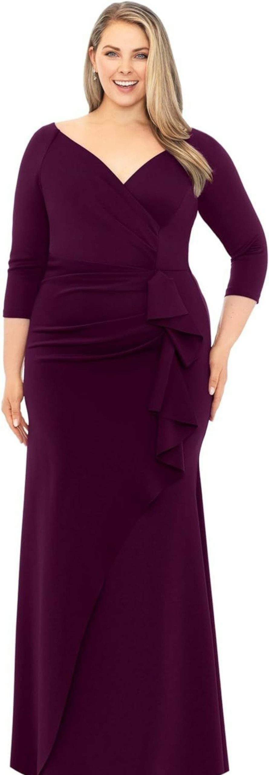 Wholesale Xscape Xscape Women'S Plus Size Long 3/4 Sleeve V-Neck Side Ruched Dress