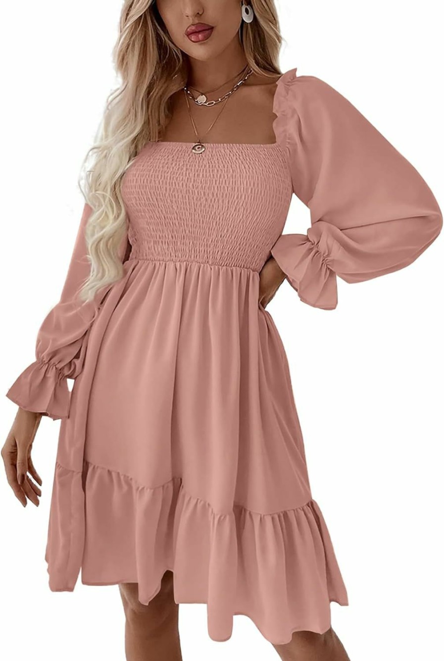 New LYANER Lyaner Women'S Square Neck Lantern Long Sleeve Ruffle Shirred Flowy Party Mini Dress