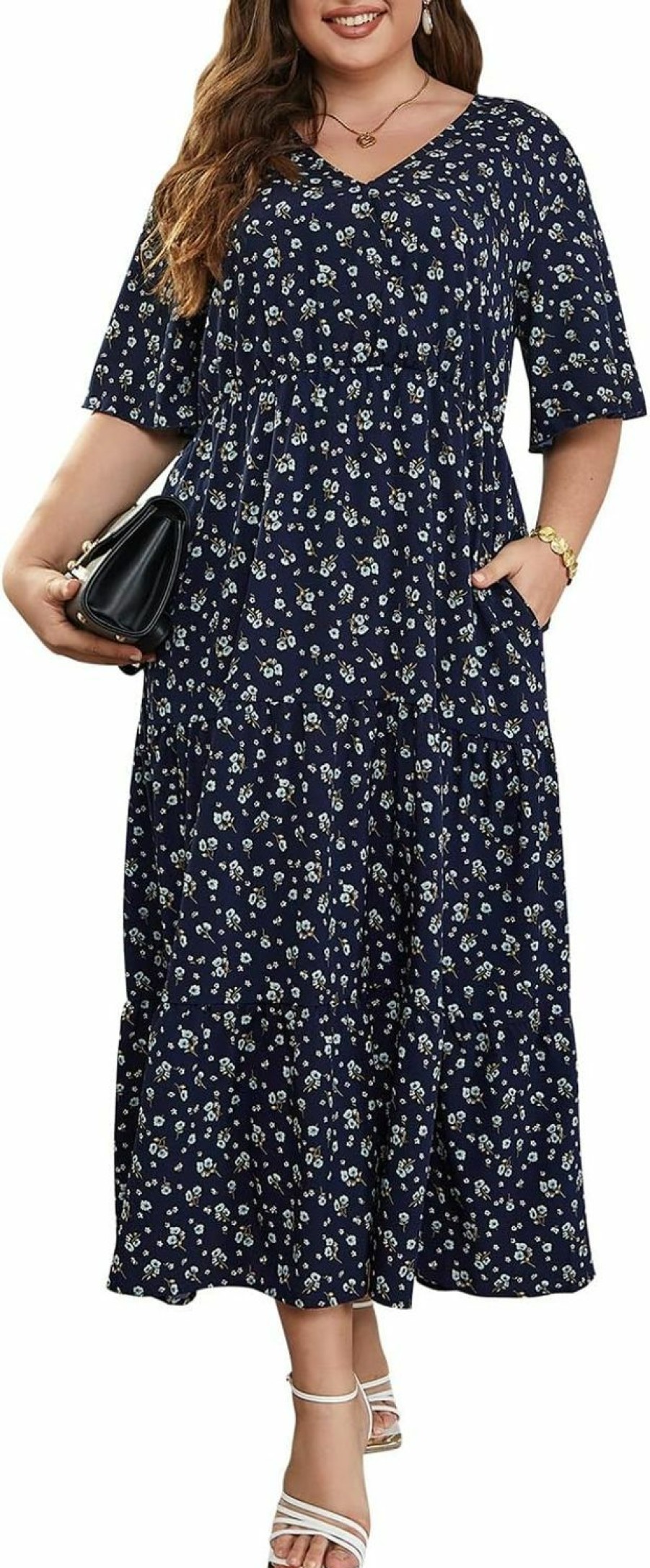 Best Keluummi Keluummi Plus Size Wedding Guest Dress For Women, Summer Casual Boho Floral Maxi Dress, 3/4 Sleeve, Empire Waist With Pocket