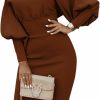 Best OPOIPIN Women'S Lantern Long Sleeve Elastic High Wasit Formal Bodycon Pencil Midi Dress