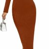 Best Rooscier Rooscier Women'S Round Neck Long Sleeve Ribbed Knit Bodycon Pencil Long Maxi Dress