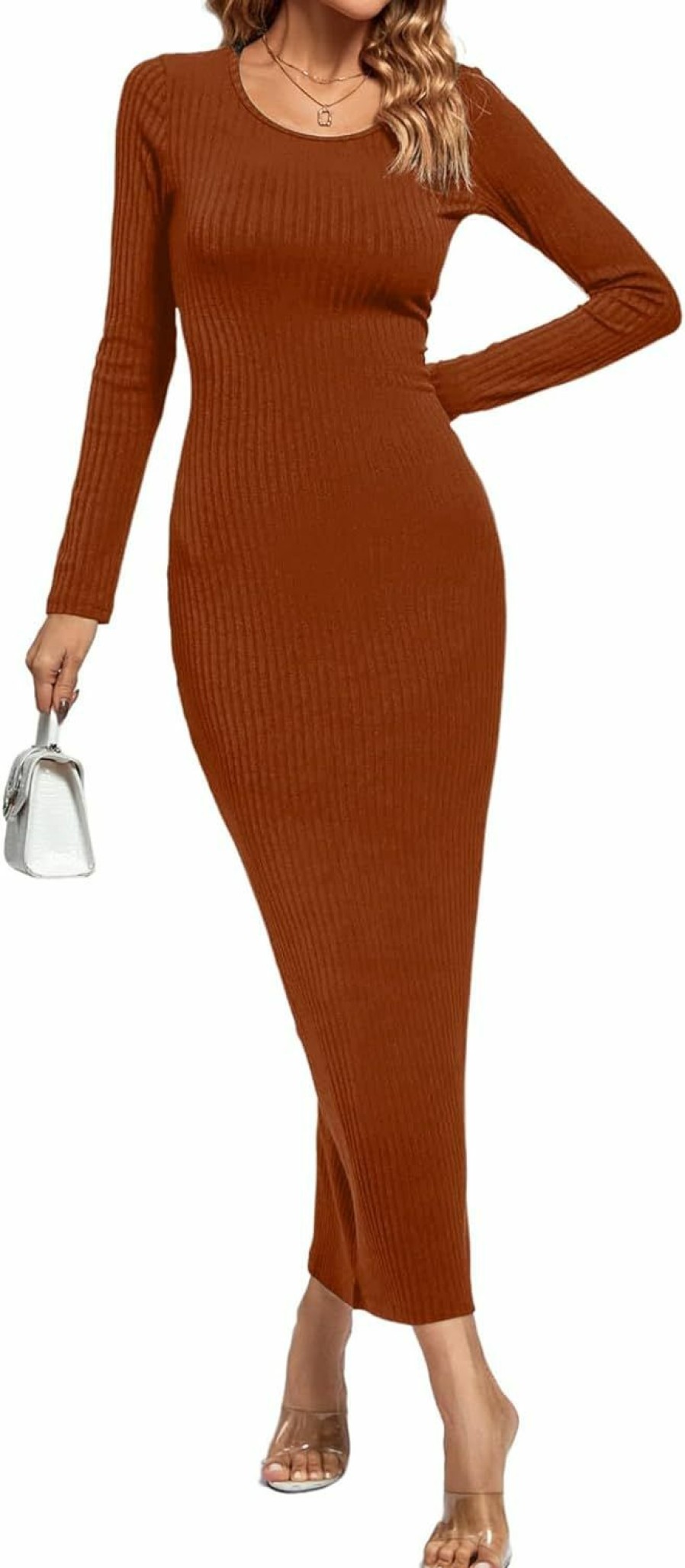 Best Rooscier Rooscier Women'S Round Neck Long Sleeve Ribbed Knit Bodycon Pencil Long Maxi Dress