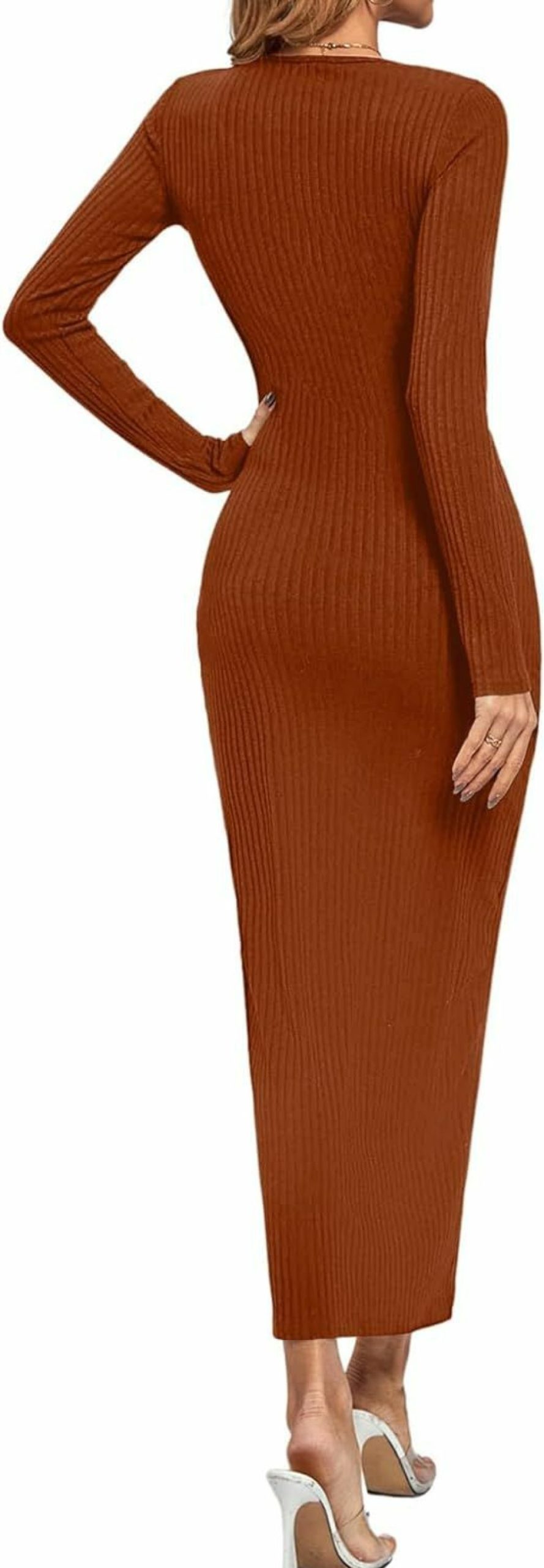 Best Rooscier Rooscier Women'S Round Neck Long Sleeve Ribbed Knit Bodycon Pencil Long Maxi Dress