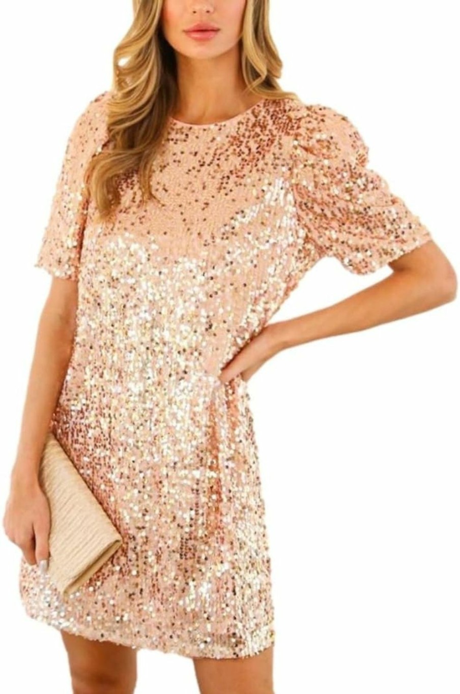 Clearance FEMI SEMI Women'S Crewneck Sequin Shift Dress Short Sleeve Casual Holiday Sparkly Party Dress