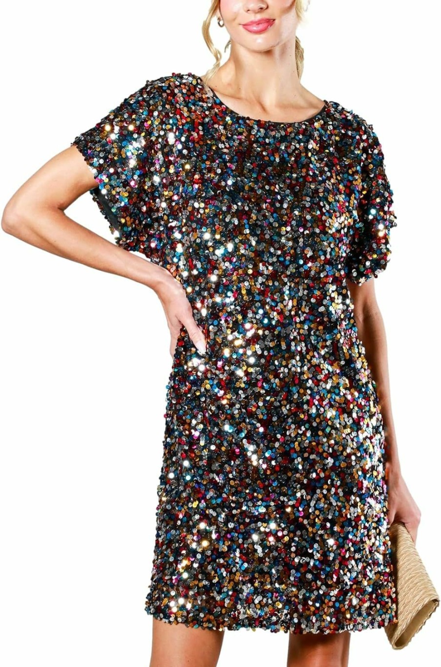 Clearance FEMI SEMI Women'S Crewneck Sequin Shift Dress Short Sleeve Casual Holiday Sparkly Party Dress