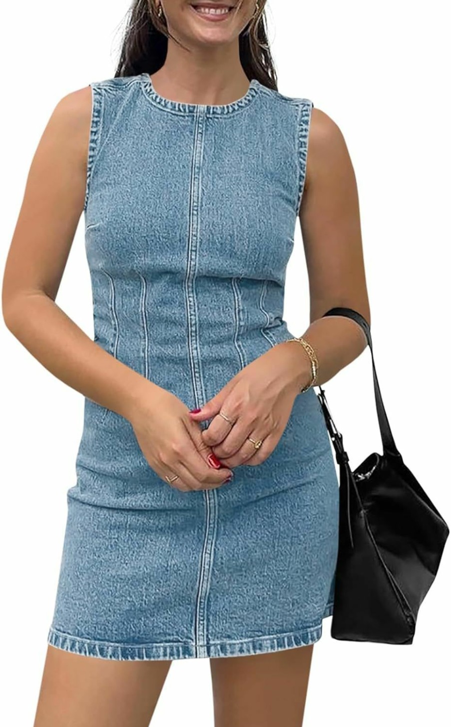 Wholesale Wenrine Wenrine Womens Denim Mini Dress Casual Sleeveless Crewneck Summer Jean Tank Dresses