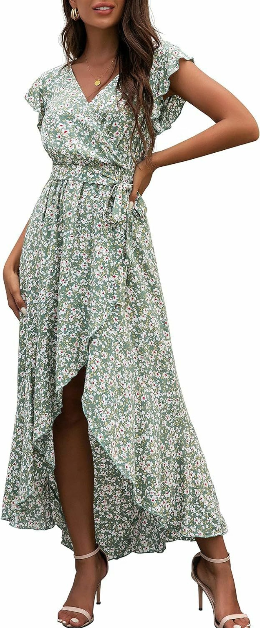 Clearance GRECERELLE Grecerelle 2024 Women'S Spring Summer Boho Floral Print V-Neck Faux Wrap Maxi Dress For Wedding Guest, Graduation, Party