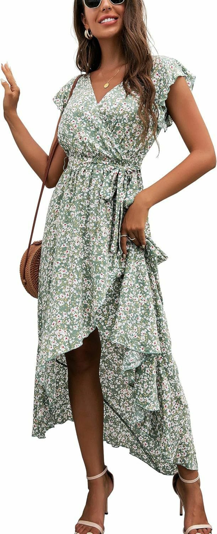 Clearance GRECERELLE Grecerelle 2024 Women'S Spring Summer Boho Floral Print V-Neck Faux Wrap Maxi Dress For Wedding Guest, Graduation, Party