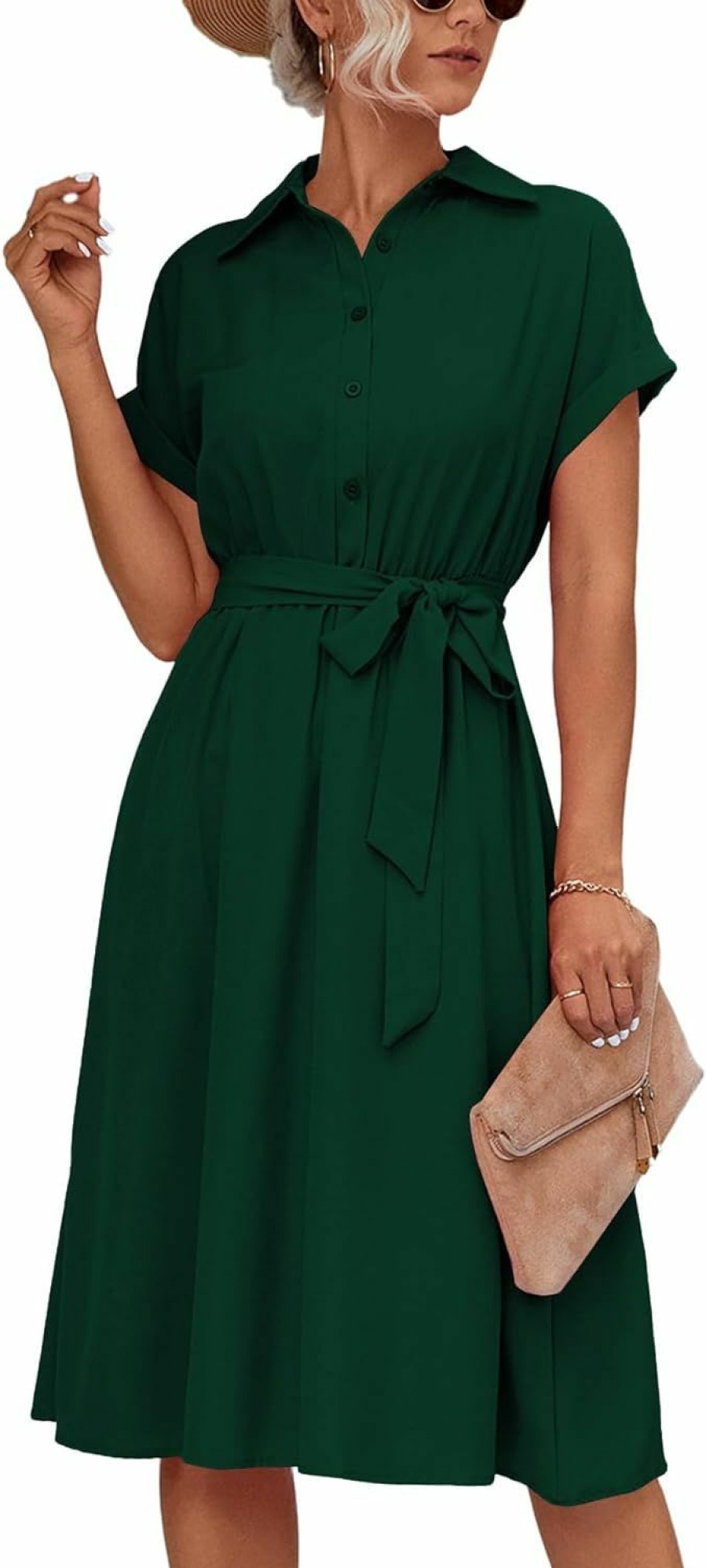 Hot LYANER Lyaner Women'S Collar V Neck Button Front Tie Waist Short Sleeve Ruffle Hem Midi Dress