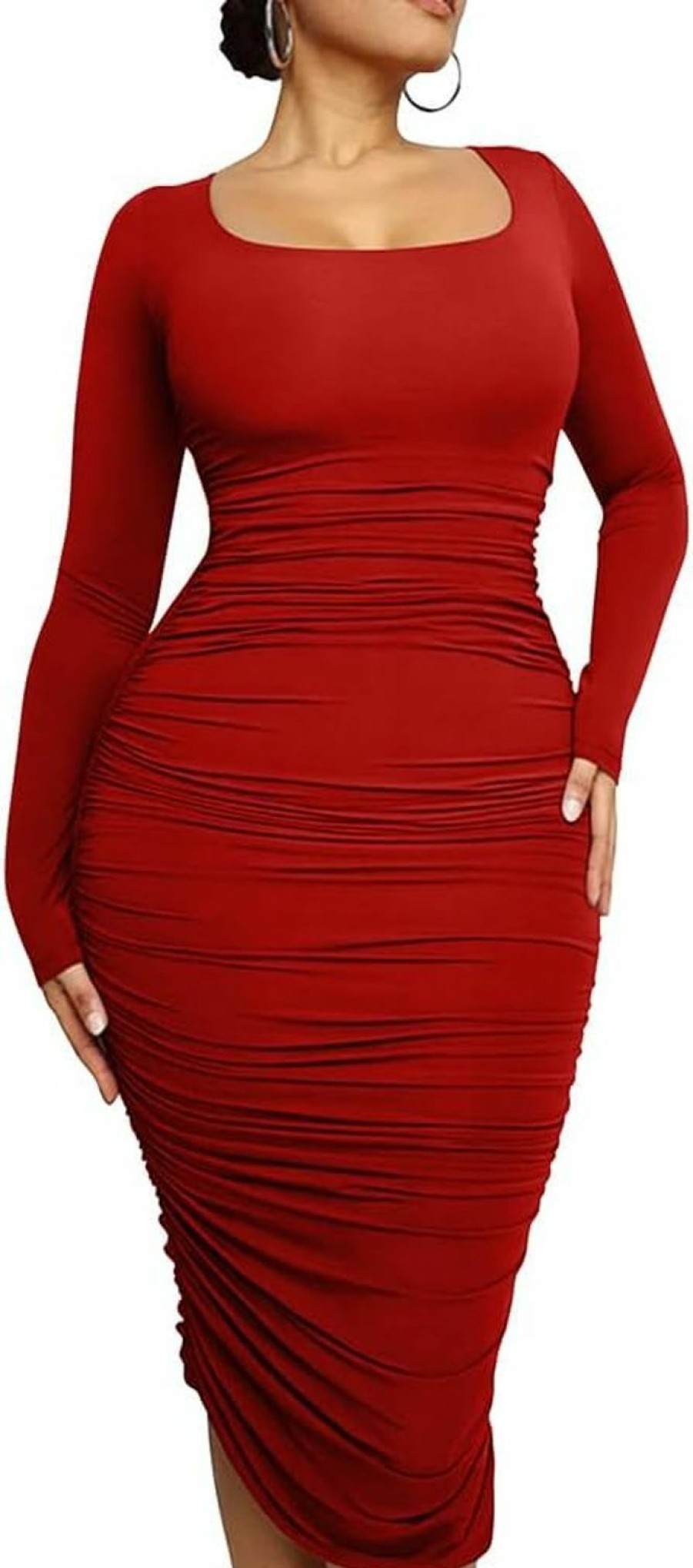 New LAGSHIAN Lagshian Women'S Plus Size Sexy Bodycon Long Sleeve Scoop Neck Ruched Basic Midi Party Dress