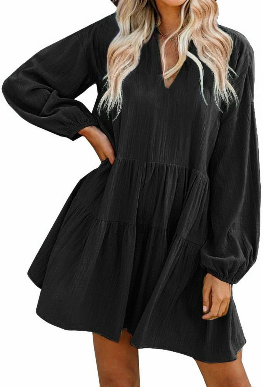 Best FANCYINN Fancyinn Cute Shift Tunic Dress For Women Ruffle Swing Babydoll Mini Long Sleevee Dress With Pockets