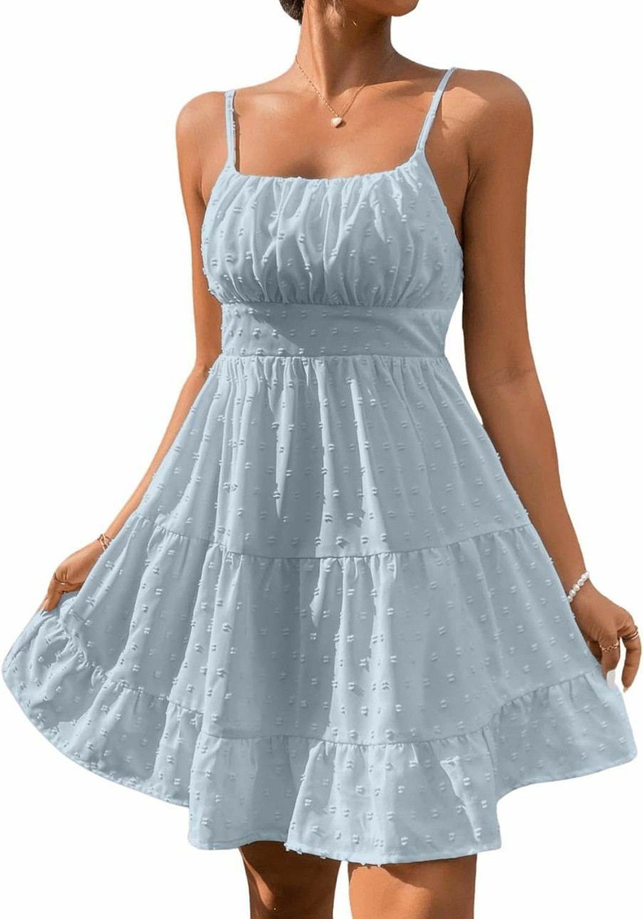 Wholesale Floerns Floerns Women'S Swiss Dots Sleeveless Ruched Bust Ruffle Hem Cami Short Dress