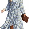 Hot PRETTYGARDEN Prettygarden Women'S Floral Print Boho Dress Long Sleeve Wrap V Neck Ruffle Belted A-Line Flowy Maxi Dresses