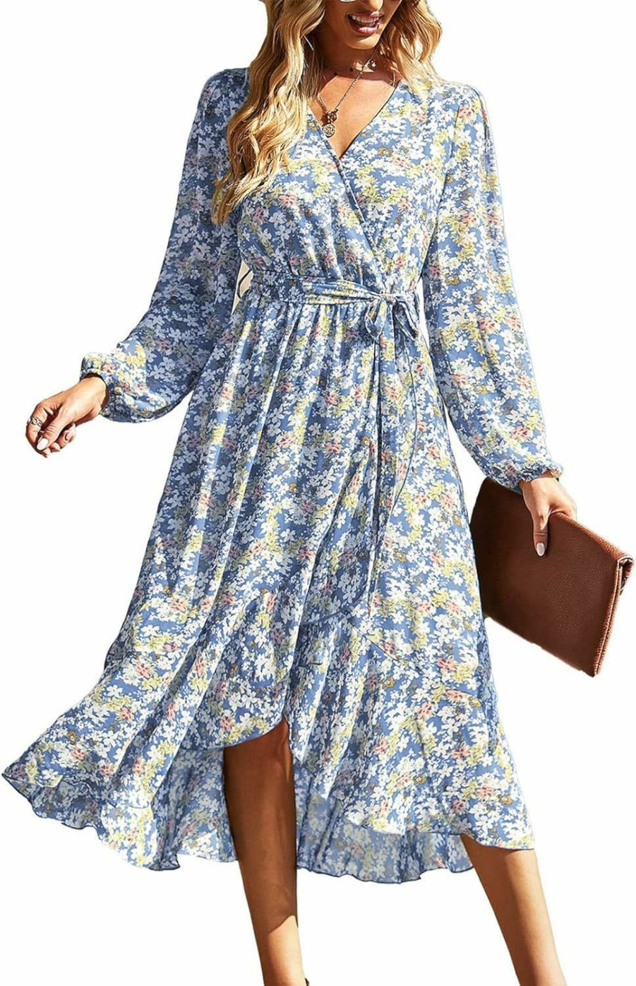 Hot PRETTYGARDEN Prettygarden Women'S Floral Print Boho Dress Long Sleeve Wrap V Neck Ruffle Belted A-Line Flowy Maxi Dresses