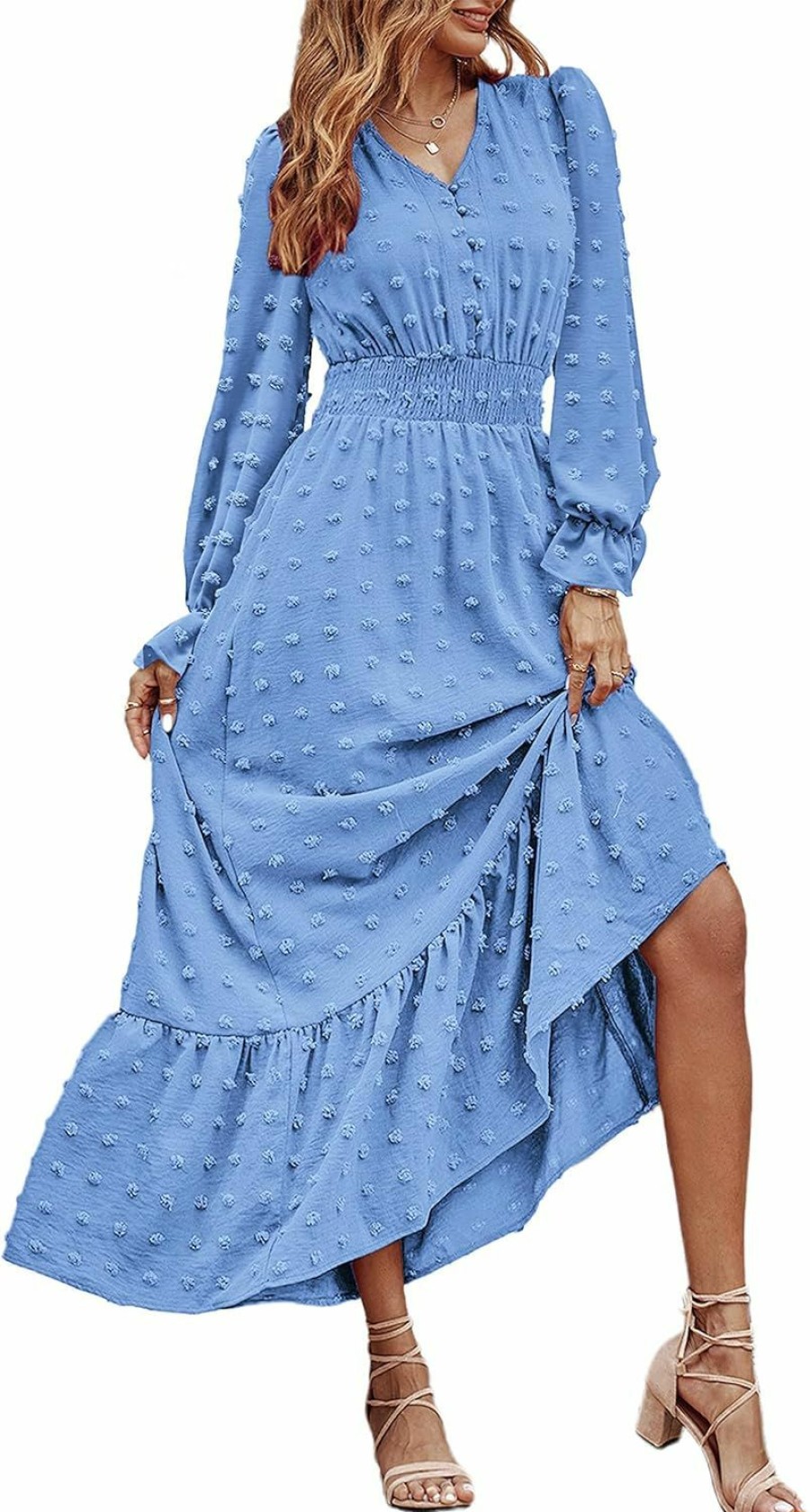 Best MASCOMODA Mascomoda Women Boho Maxi Dress 2024 Long Sleeve V Neck Swiss Dot Smocked High Waisted A-Line Ruffle Tiered Long Dress