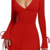 Hot BEAGIMEG Beagimeg Women'S Sexy Bodycon Long Sleeve Ruched Deep V A-Line Club Party Mini Dress