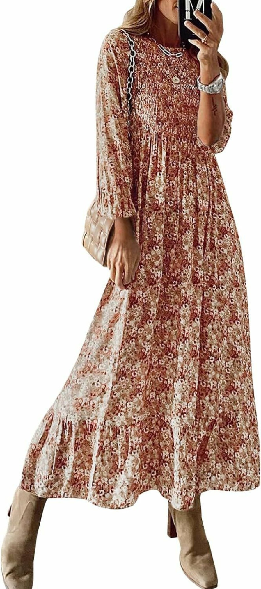 Online miduo Miduo Womens Smocked Crewneck Long Sleeve High Waist Floral Maxi Long Floor Length Dresses