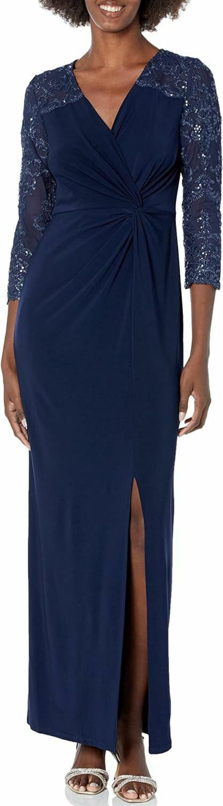 New Alex Evenings Alex Evenings Women'S Long Stretchy 3/4 Sleeve Knot Front Column Dress