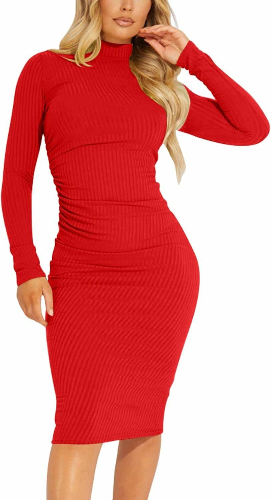 Clearance Kaximil Kaximil Women'S Ribbed Basic Casual Midi Dress Long Sleeve Bodycon Ruched Club Dresses