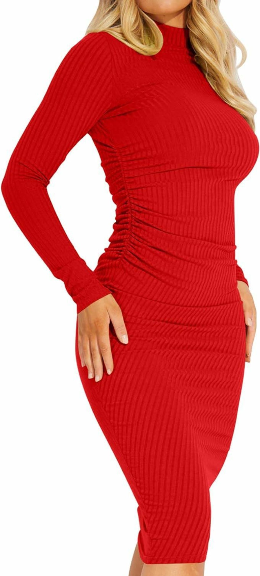 Clearance Kaximil Kaximil Women'S Ribbed Basic Casual Midi Dress Long Sleeve Bodycon Ruched Club Dresses