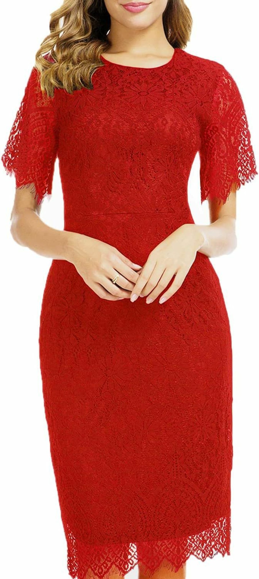 Wholesale MSLG Mslg Women'S Elegant Floral Lace Round Neck Short Sleeves Cocktail Party Bodycon Knee Length Dress 931