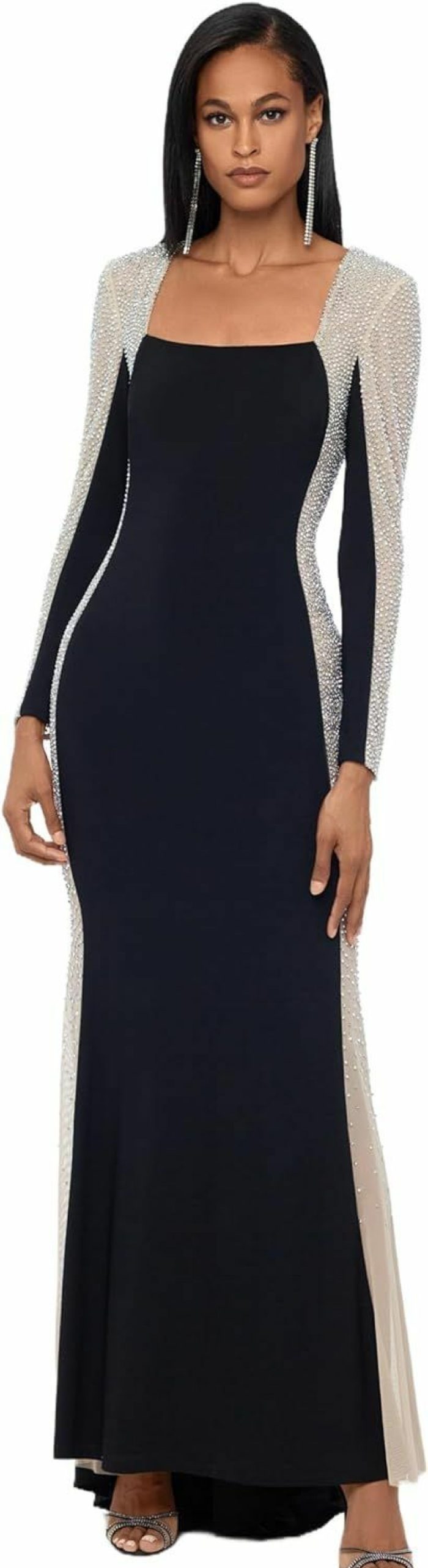 Best Xscape Xscape Women'S Long Sleeve Square Neck Caviar Beaded Mesh Panels Dress (Standard & Petite)