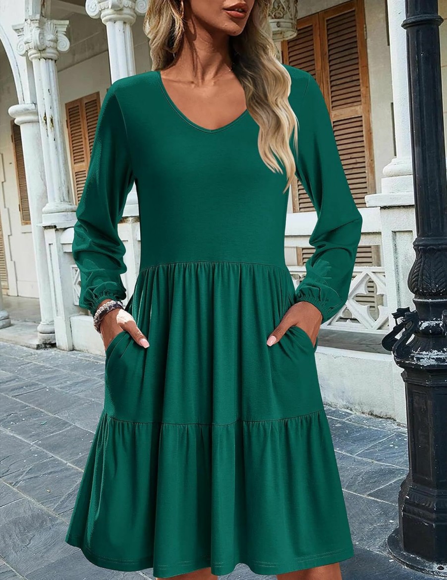 Online HOTOUCH Hotouch Women Casual Tunic Dress V Neck Tiered Dress Long Sleeve Fit Swing Shift Dress With Pockets Loose Ruffled Dresses