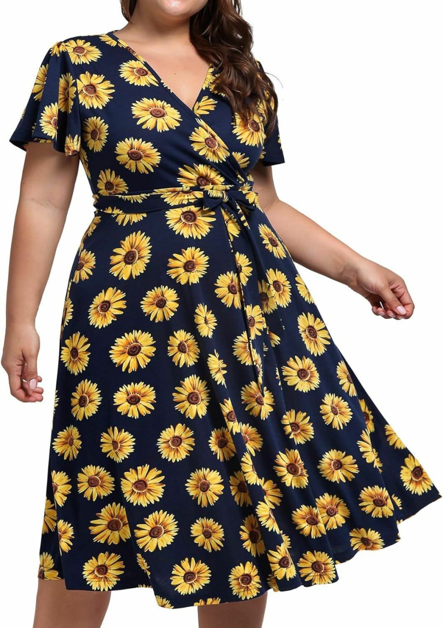 New kissmay Kissmay Plus Size Womens V Neck Floral Cocktail Party Midi Dresses With Pocket