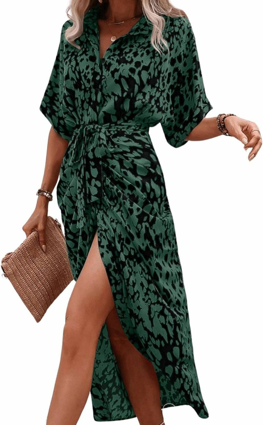 Hot MakeMeChic Makemechic Women'S High Waist Button Down Belted Long Dress Printed Split Shirt Dress