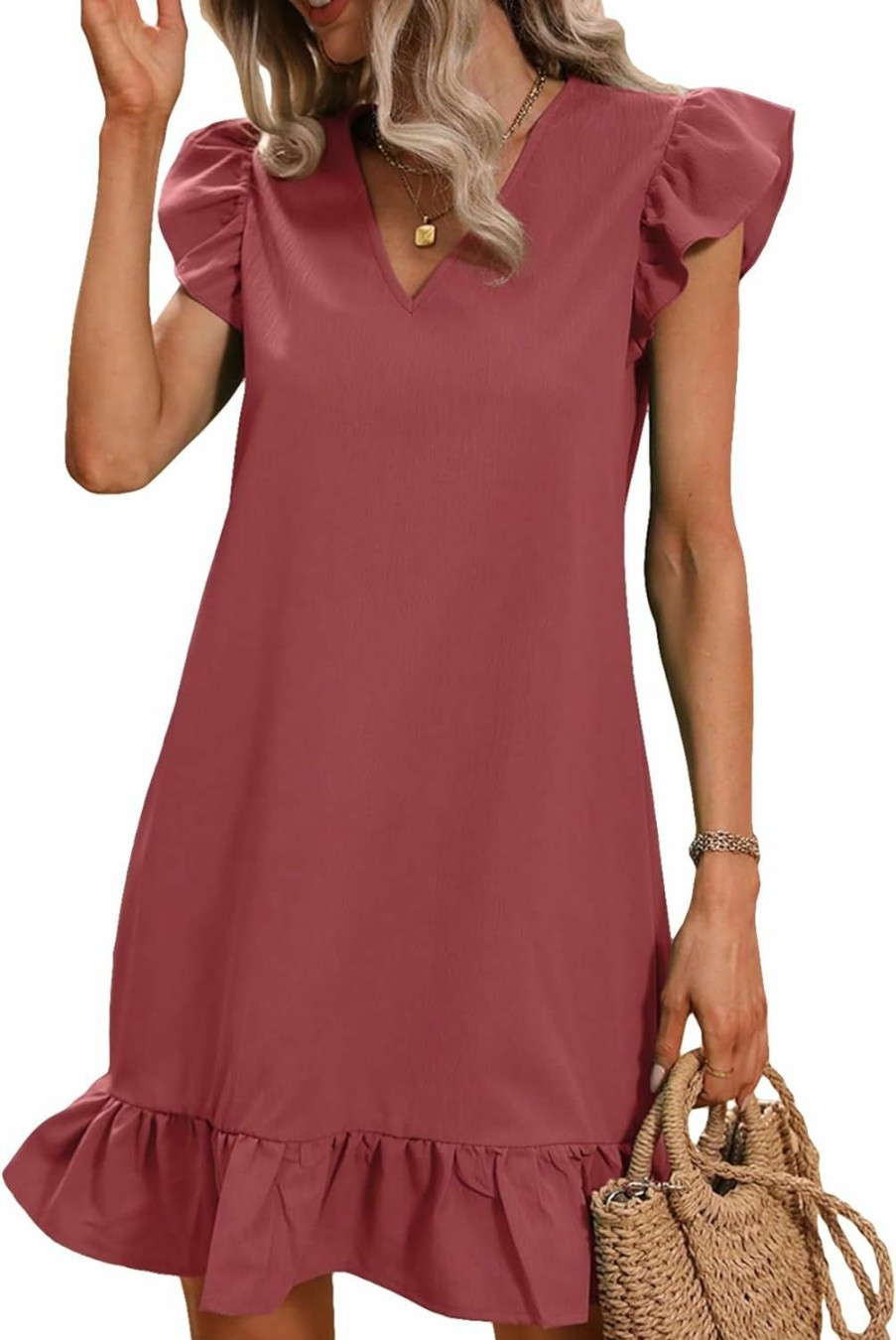 New Floerns Floerns Women'S Solid V Neck Ruffle Trim Cap Sleeve Summer Tunic Dress