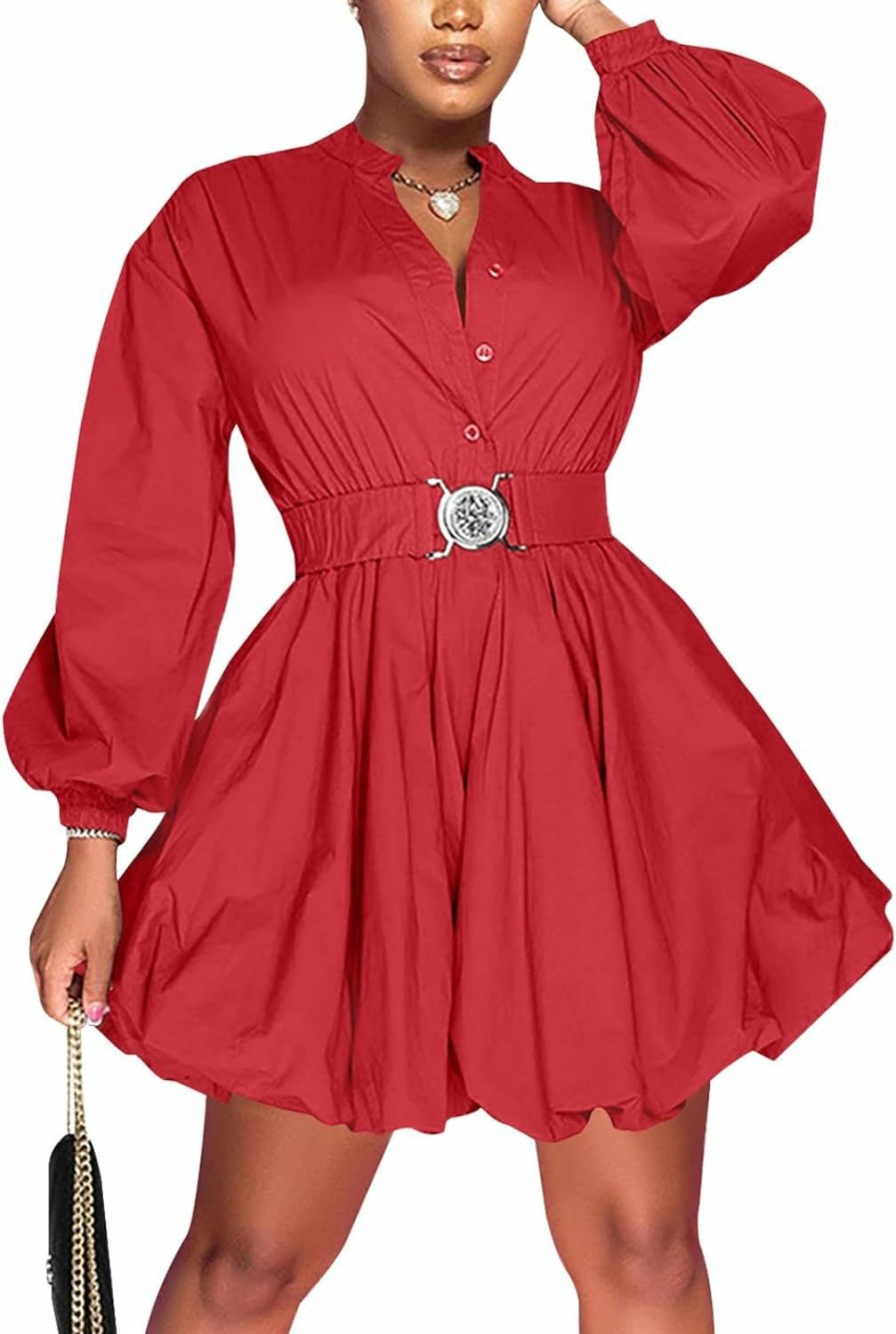 Hot Uni Clau Uni Clau Womens Button Down Shirt Dress Long Sleeve A-Line Casual Puffy Short Mini Dress With Belt