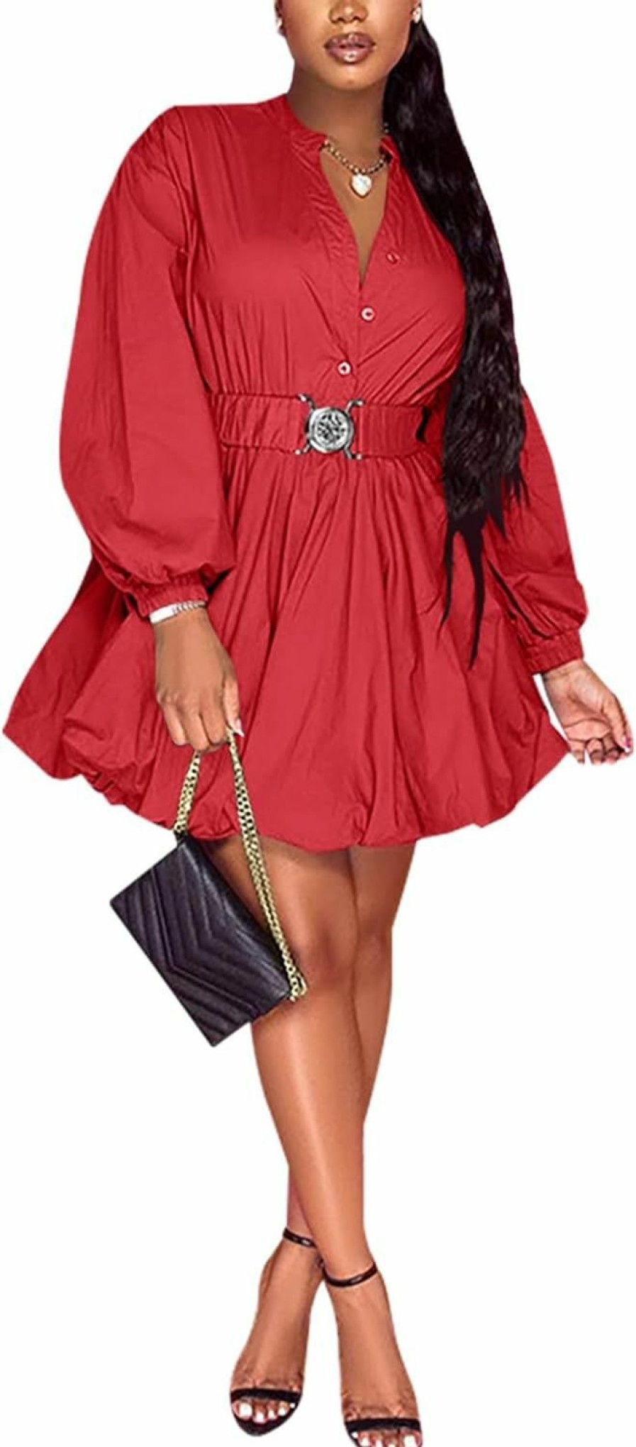 Hot Uni Clau Uni Clau Womens Button Down Shirt Dress Long Sleeve A-Line Casual Puffy Short Mini Dress With Belt