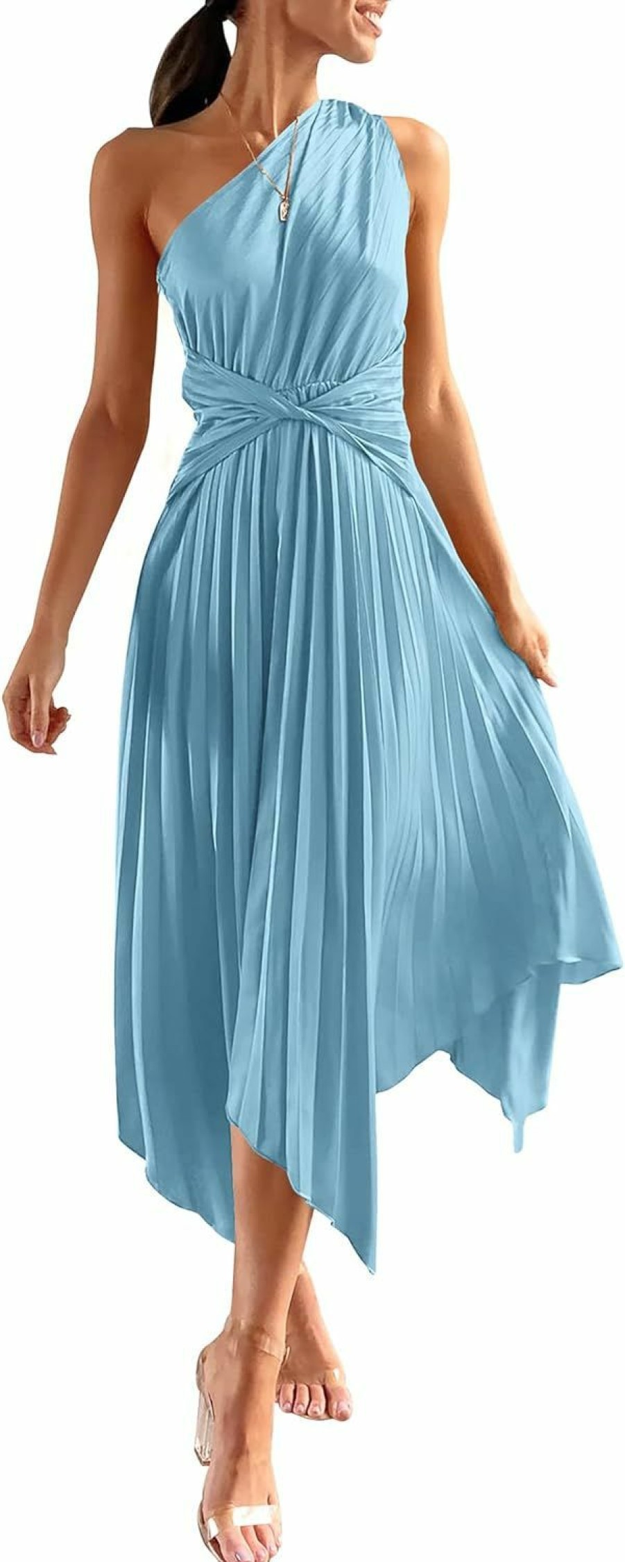 Online PRETTYGARDEN Prettygarden Women'S Summer Long Satin Dress One Shoulder Sleeveless Ruched Twist Flowy Maxi Dresses